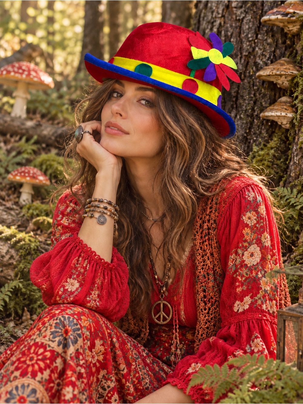 Red Whimsical Velvet Bowler Clown Style  Hat with Colorfzl Trim